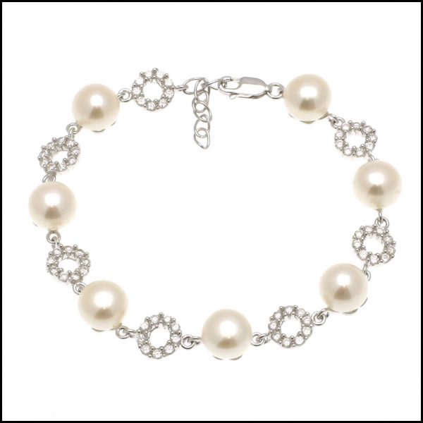 MF005B - Sterling Silver Bracelet with Natural White Freshwater Button Pearls & Cubic Zirconia. -0